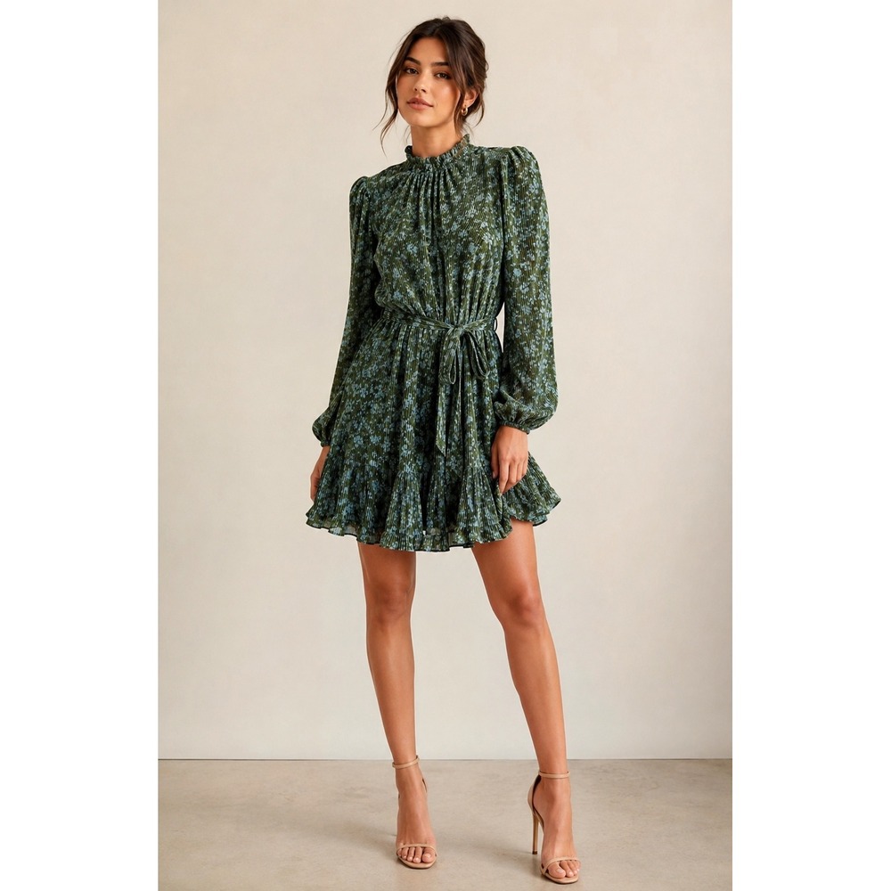 True Craft Green Floral Pleated Mini Dress Boho Cottagecore Long Sleeve Size M‎